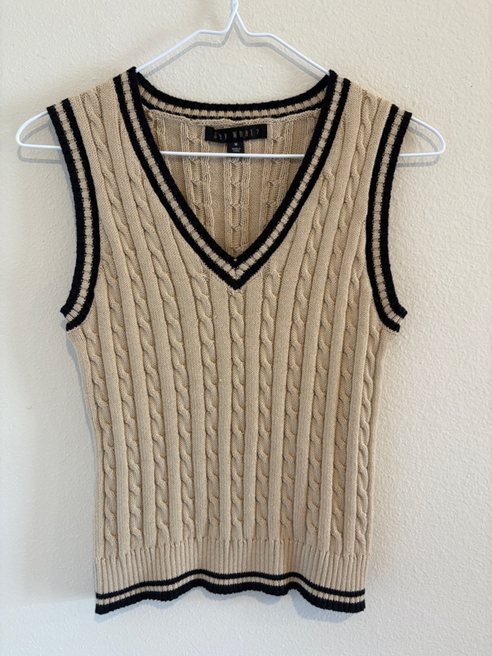 Cable-Knit Sweater Vest  V neckline Cotton Blend material beige  black accents